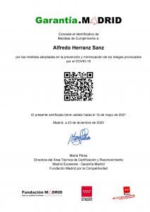 Certificado ldentificativo Garantía Madrid expedido a favor de CLAPSIC Psicología